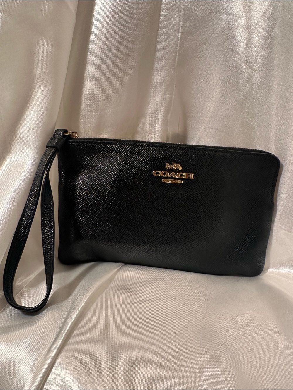 Coach Black Leather Wristlet with Gold Logo 8”x5”